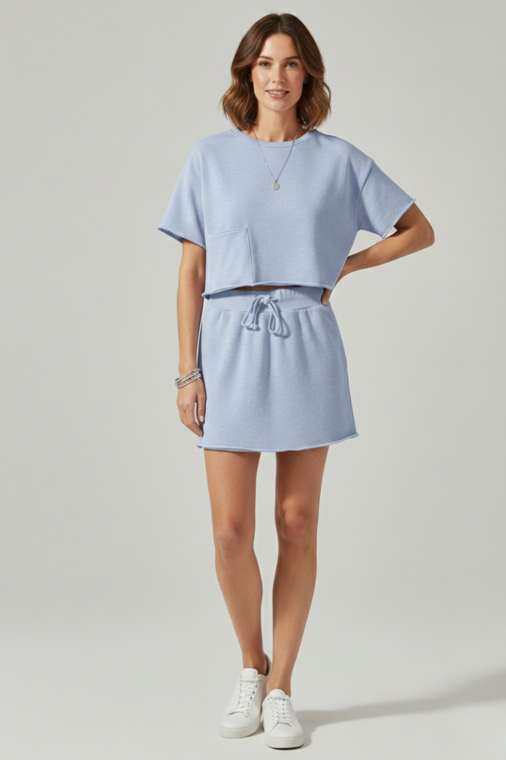 Women’s Two Piece Set with Short Sleeves and Drawstring Skirt