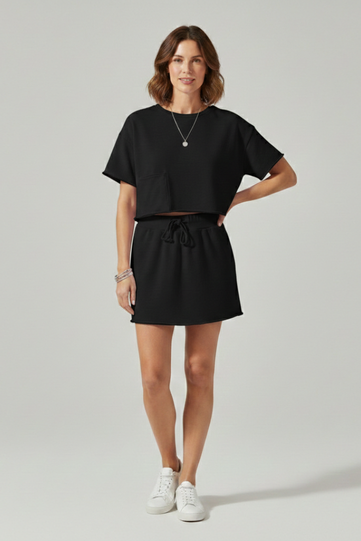 Women’s Two Piece Set with Short Sleeves and Drawstring Skirt