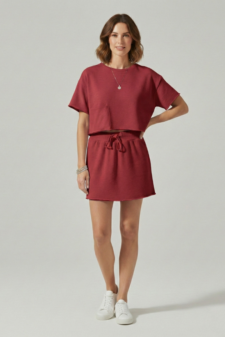 Women’s Two Piece Set with Short Sleeves and Drawstring Skirt