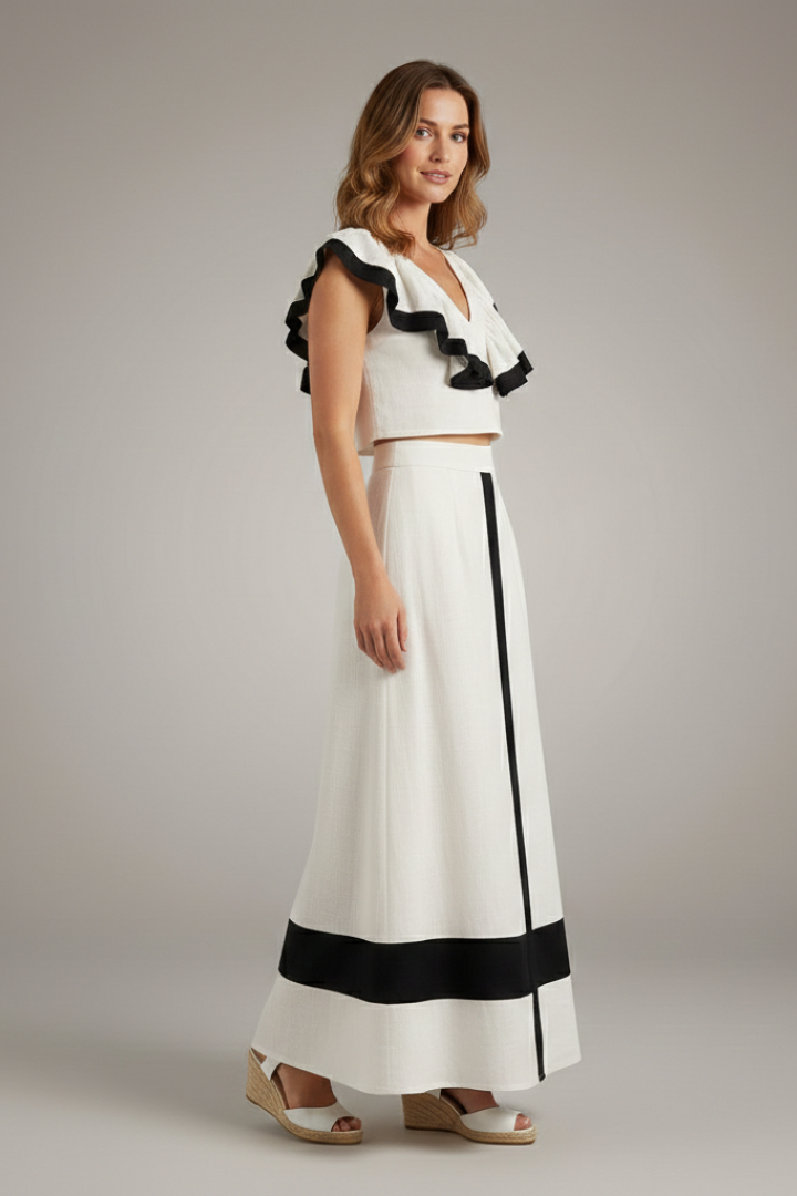 Women’s Two Piece Set with V-Neck Top and Midi Skirt