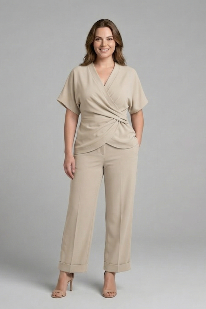 Women’s Two Piece Set with Wrap Top and Cropped Trousers