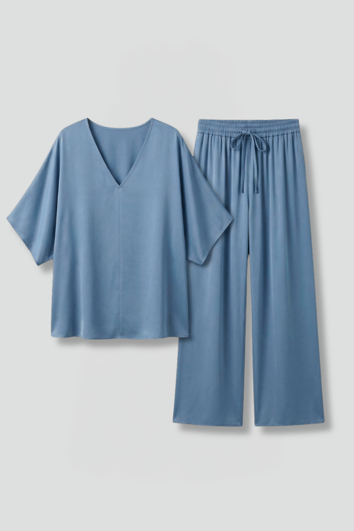 Women’s Two Piece Trousers Set with V Neck and Wide Leg