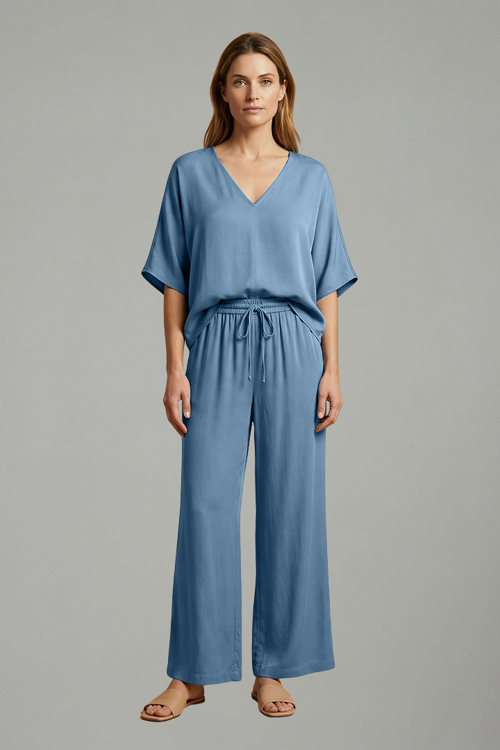 Women’s Two Piece Trousers Set with V Neck and Wide Leg