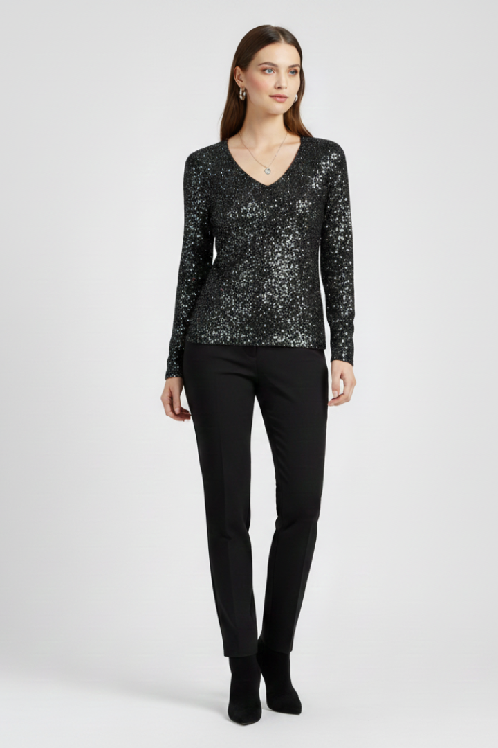 Women’s V-Neck Top with Sequins and Long Sleeves