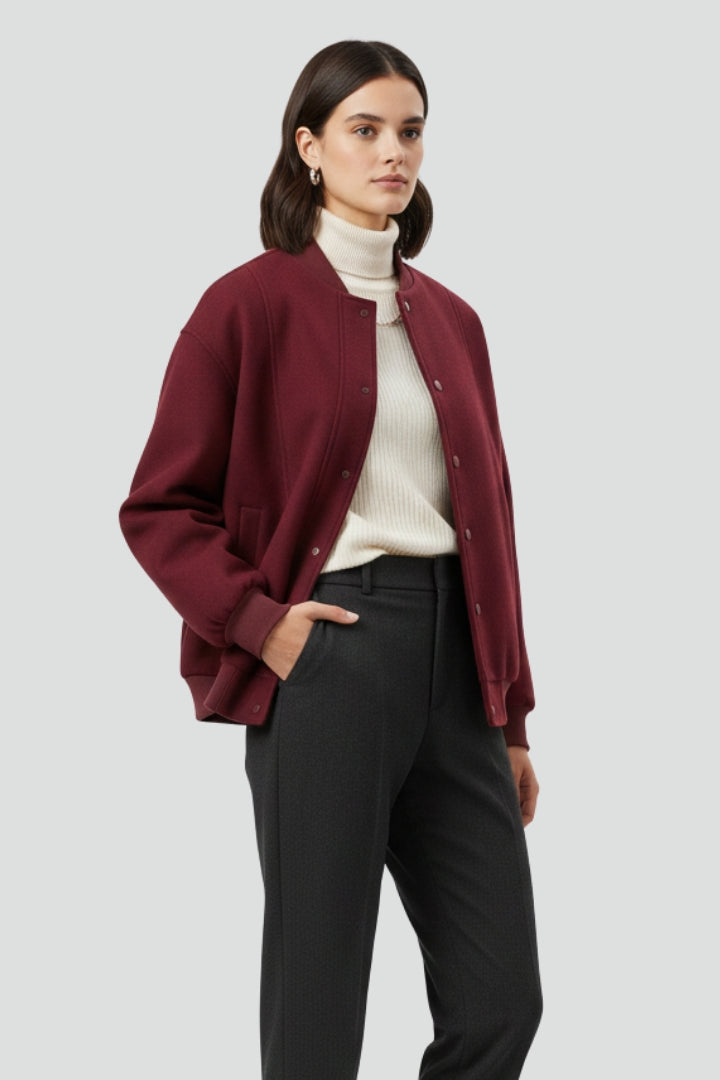Women’s Varsity Jacket with Snap Closure and Ribbed Trim