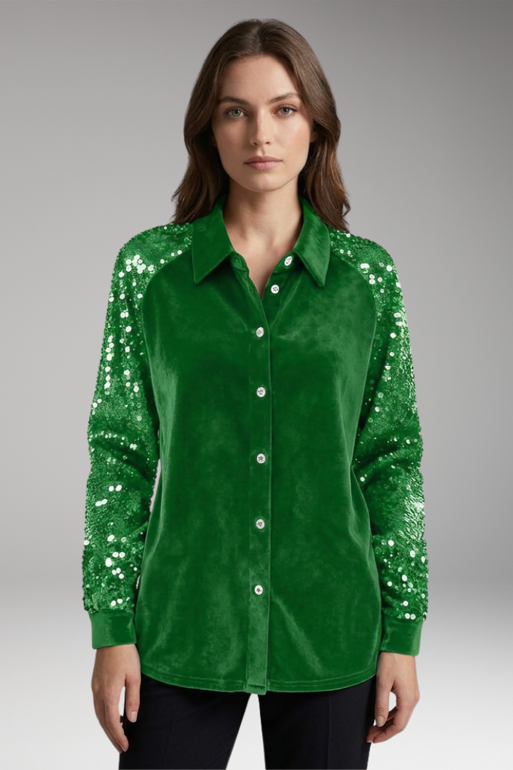 Women’s Velvet Button-Up Shirt with Sequin Long Sleeves