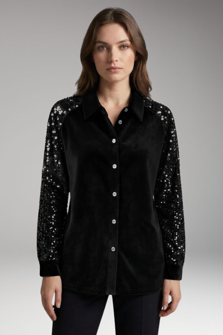 Women’s Velvet Button-Up Shirt with Sequin Long Sleeves
