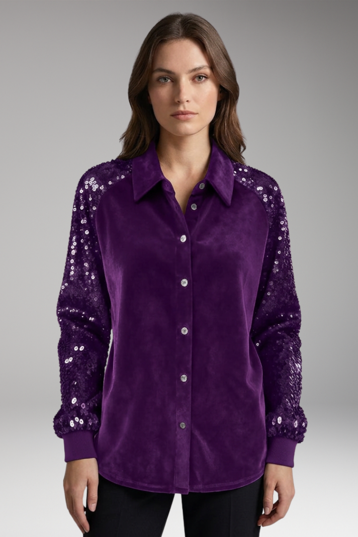 Women’s Velvet Button-Up Shirt with Sequin Long Sleeves