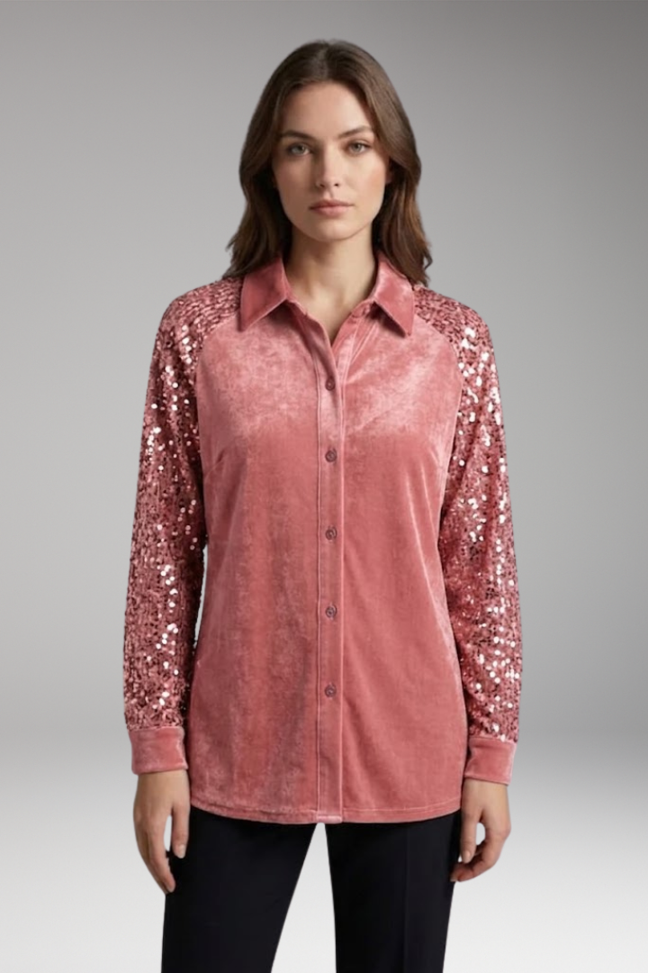 Women’s Velvet Button-Up Shirt with Sequin Long Sleeves