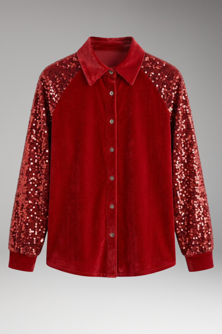 Women’s Velvet Button-Up Shirt with Sequin Long Sleeves
