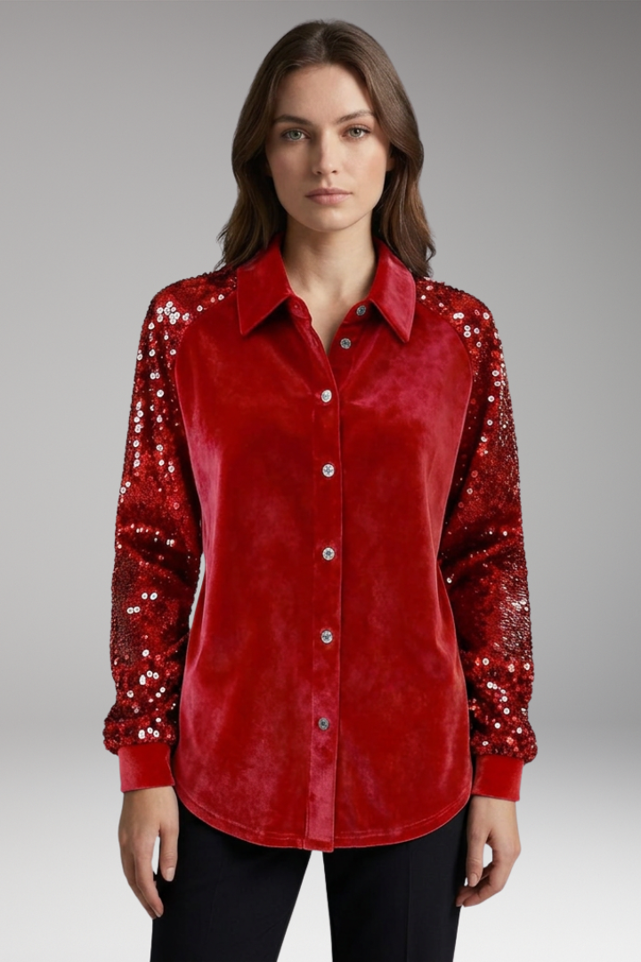 Women’s Velvet Button-Up Shirt with Sequin Long Sleeves