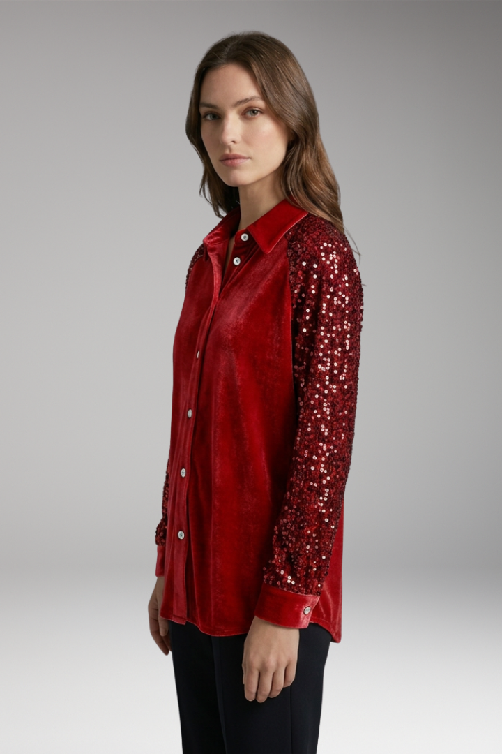 Women’s Velvet Button-Up Shirt with Sequin Long Sleeves