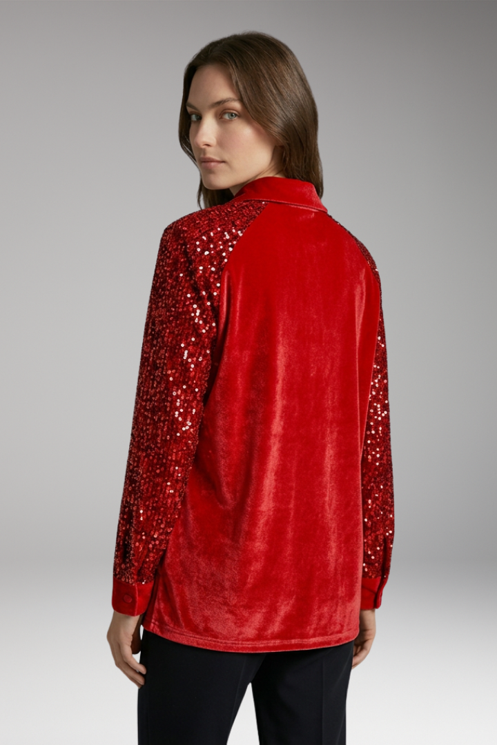 Women’s Velvet Button-Up Shirt with Sequin Long Sleeves