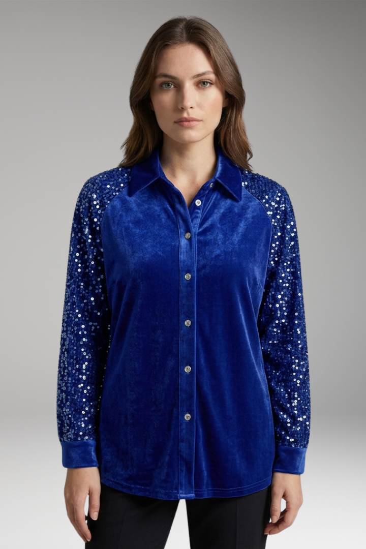 Women’s Velvet Button-Up Shirt with Sequin Long Sleeves