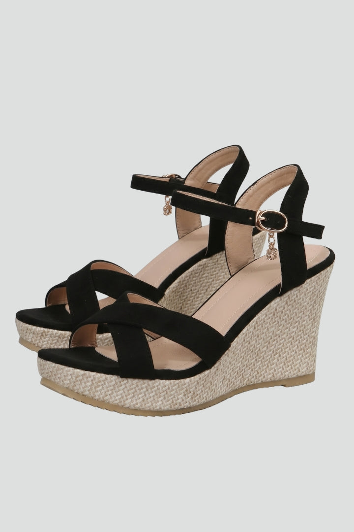 Women's Wedge Sandals with Buckle Strap and Cushioned Footbed