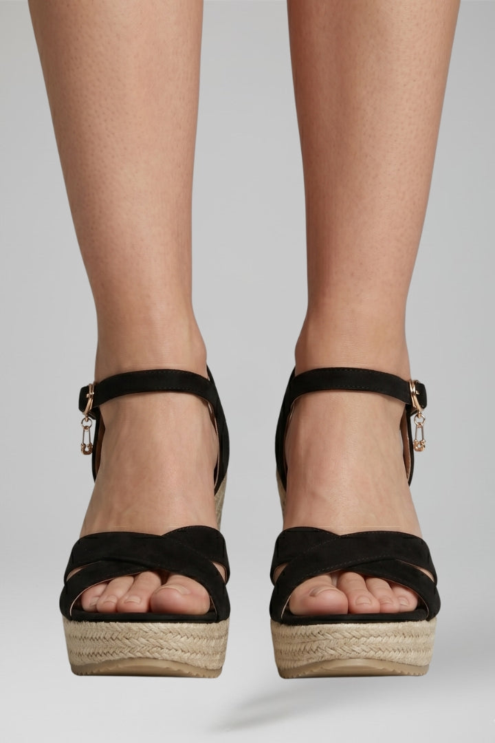 Women's Wedge Sandals with Buckle Strap and Cushioned Footbed