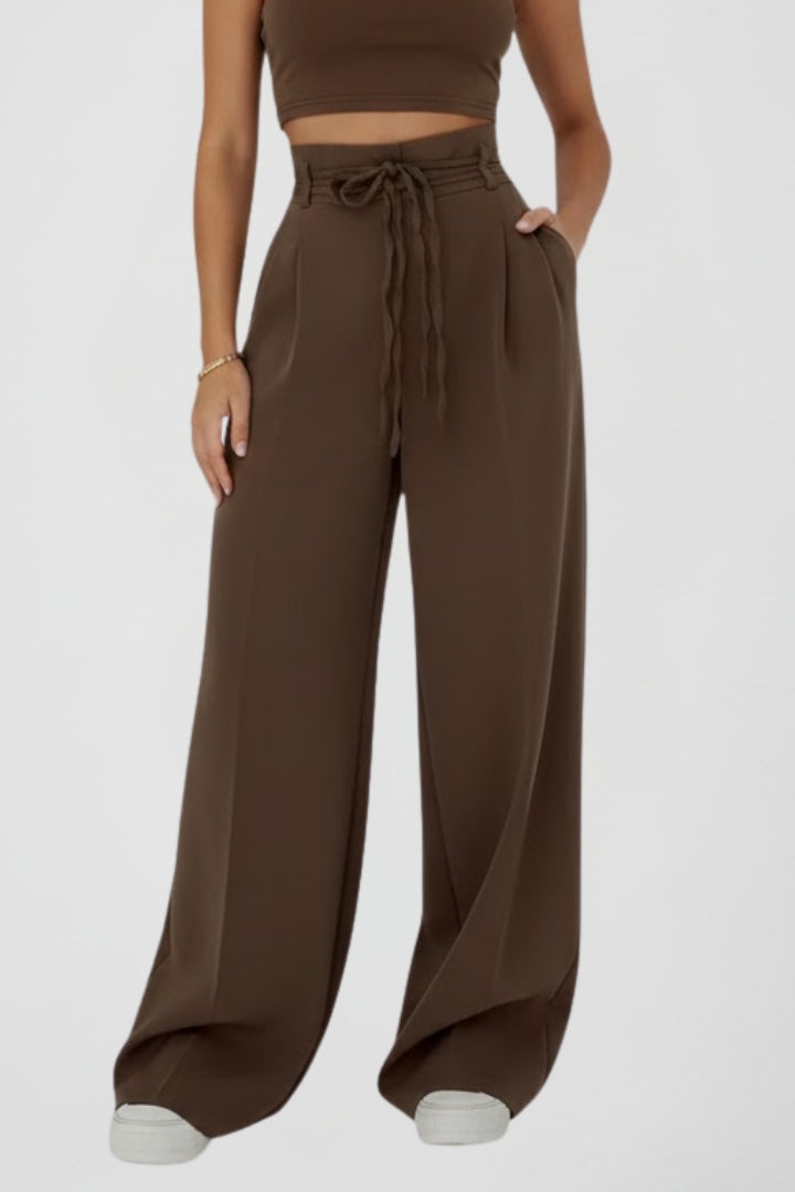 Women’s Wide Leg Trousers with Tie Waist and High Rise