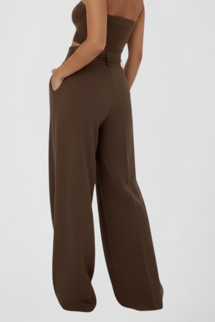 Women’s Wide Leg Trousers with Tie Waist and High Rise