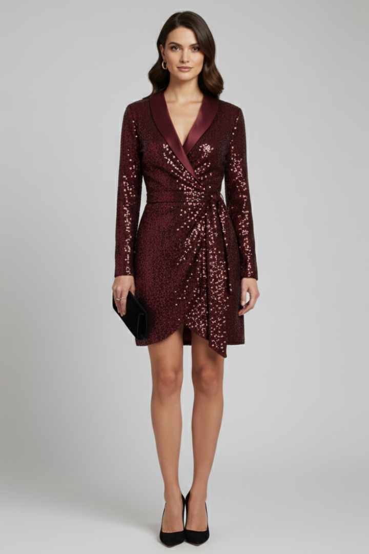 Women’s Wrap Dress with Sequin Surface and Draped Design
