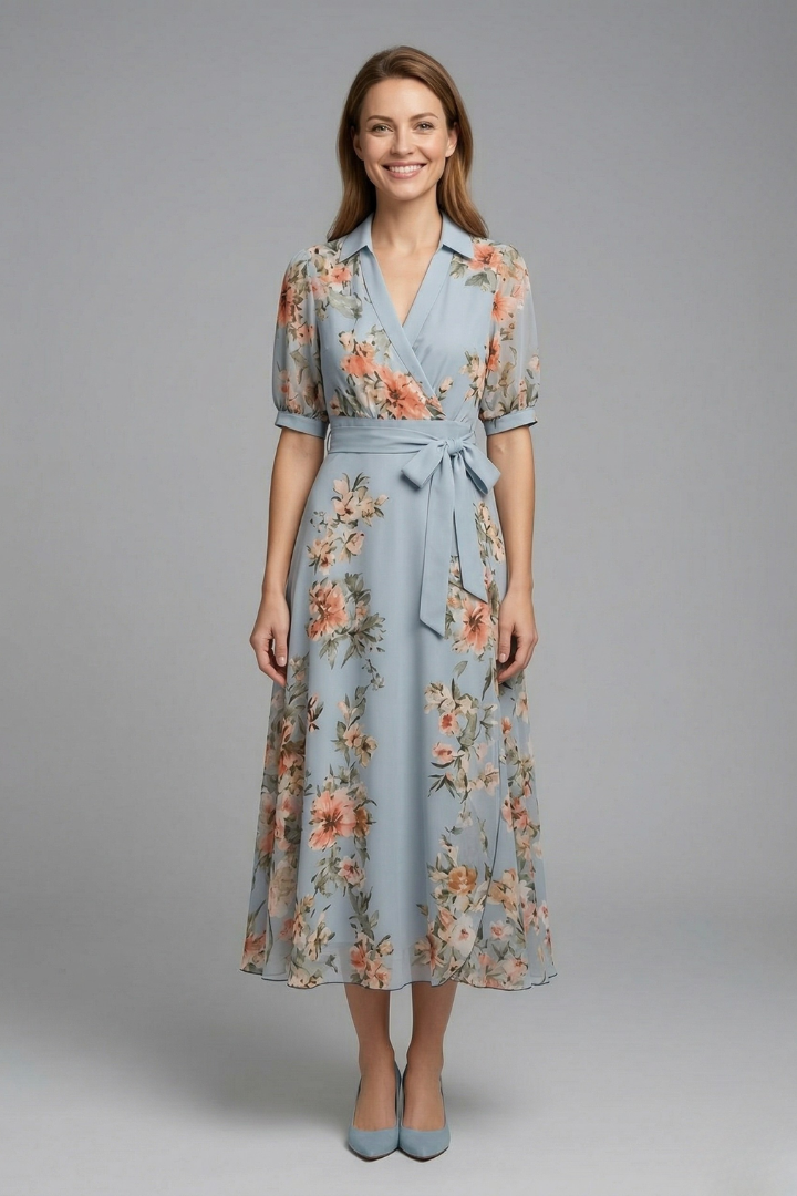 Women’s Wrap Dress with V-Neck and Waist Tie