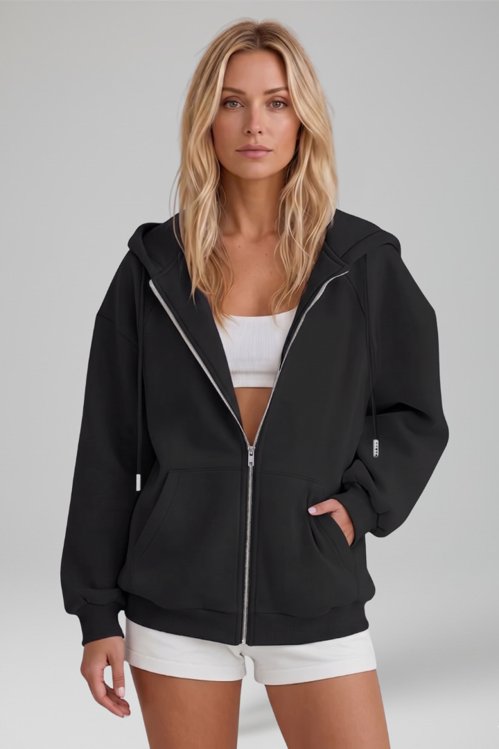 Women’s Hooded Jacket with Asymmetrical Zip and Drawstring Hood