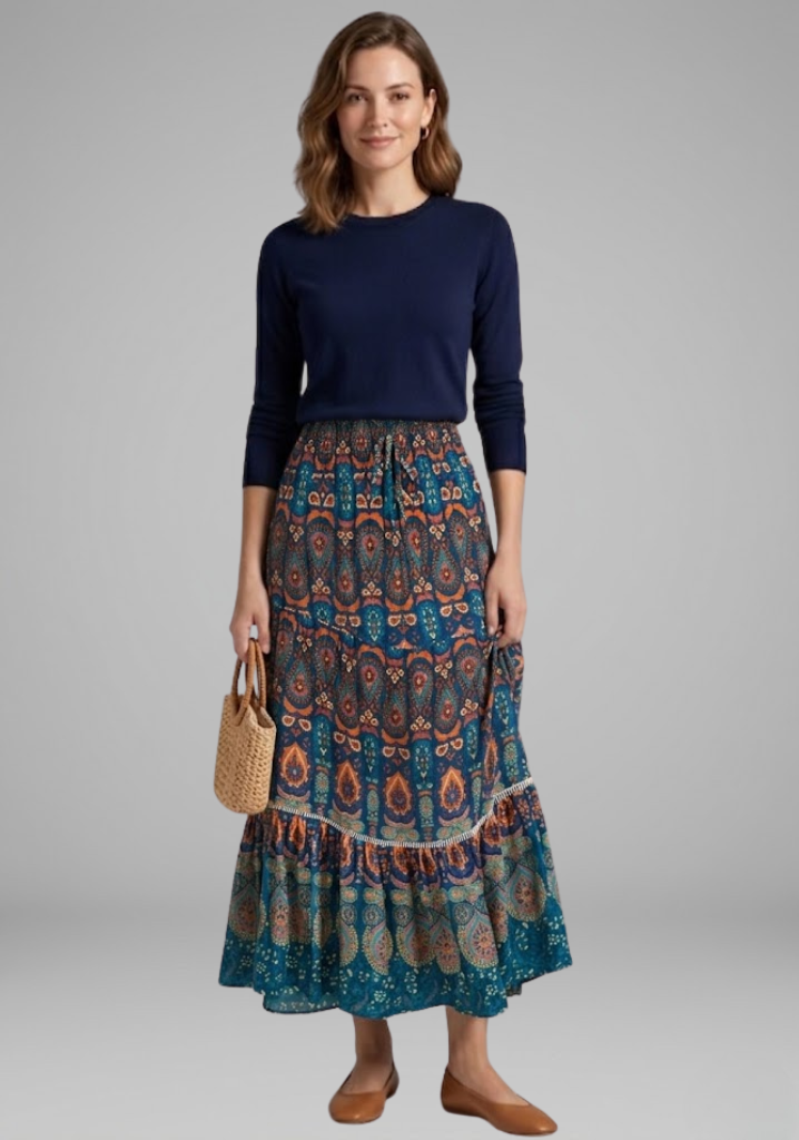 Women’s Maxi Skirt with Elastic Waist and Tiered Panels