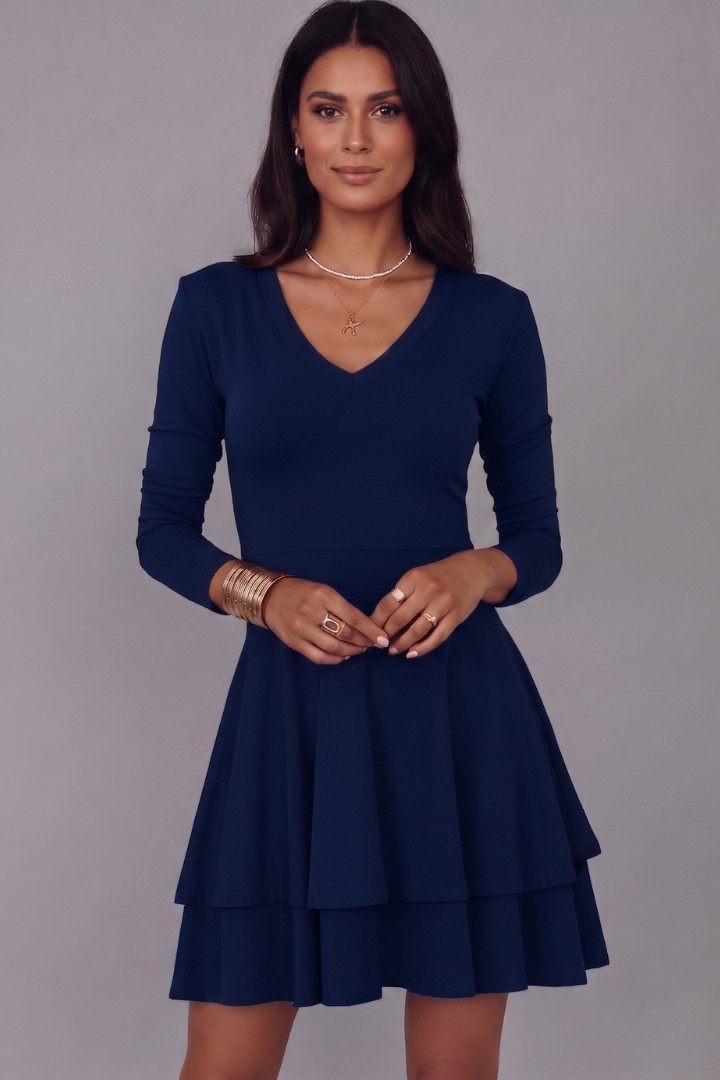 Women’s Short Dress with V-Neck and Long Sleeves