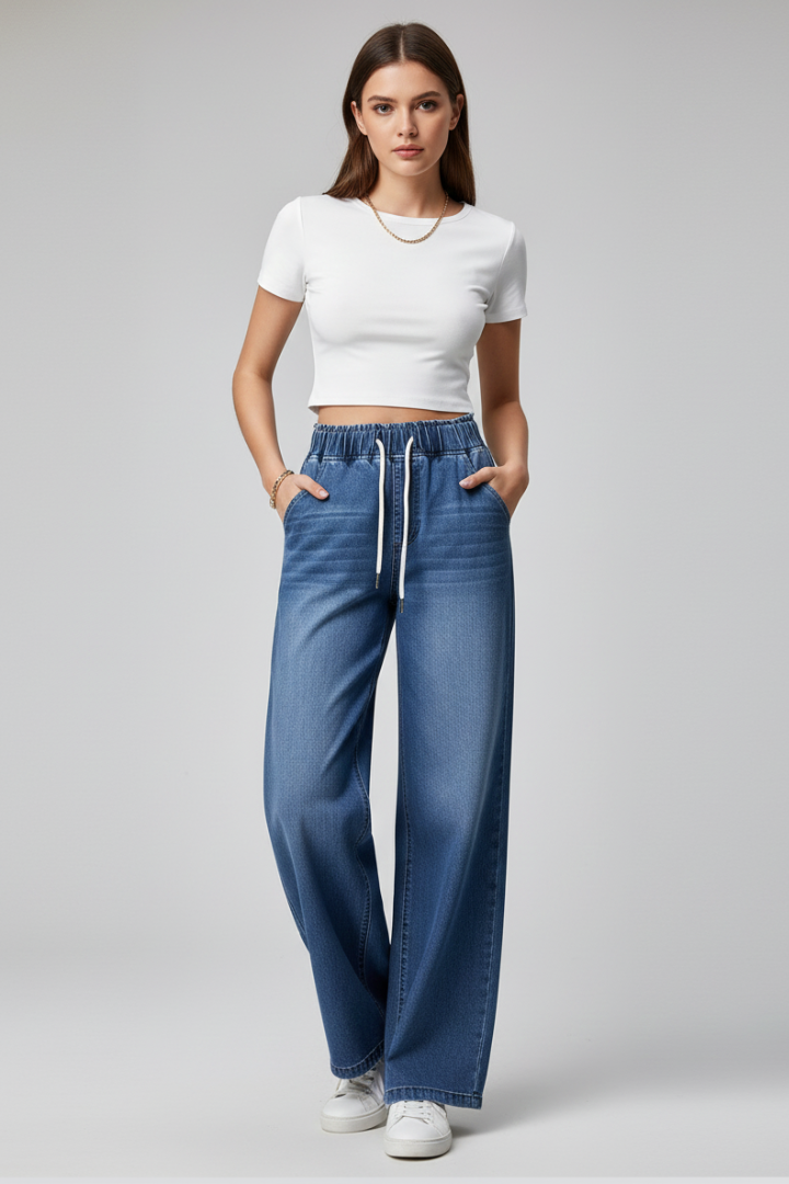 Women’s Wide-Leg Trousers with Elastic Waistband and Woven Surface