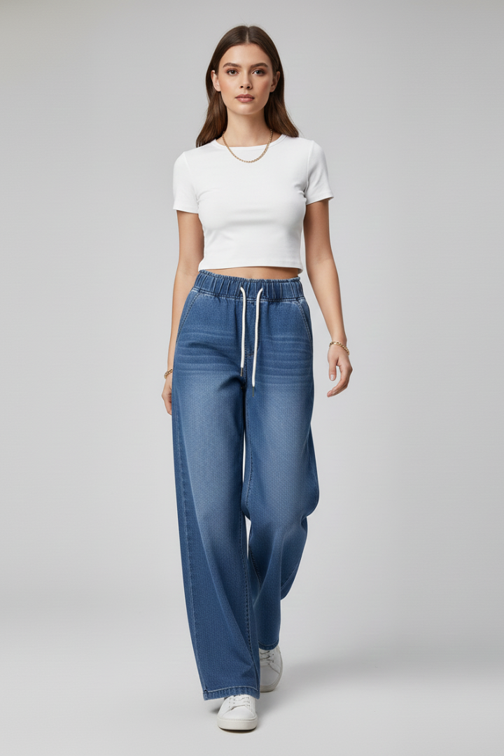 Women’s Wide-Leg Trousers with Elastic Waistband and Woven Surface