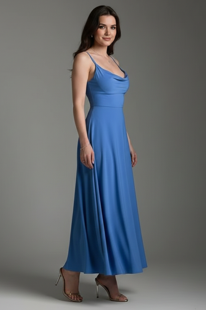 Women’s long dress with square neckline and draped skirt