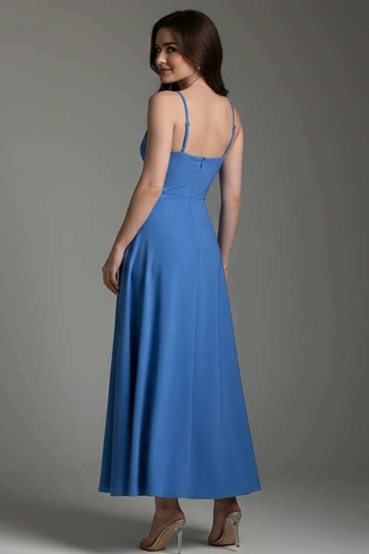 Women’s long dress with square neckline and draped skirt