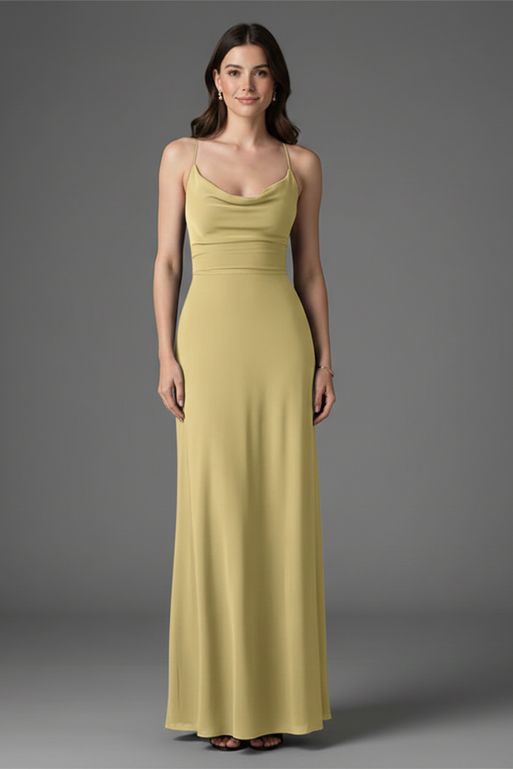 Women’s long dress with square neckline and draped skirt
