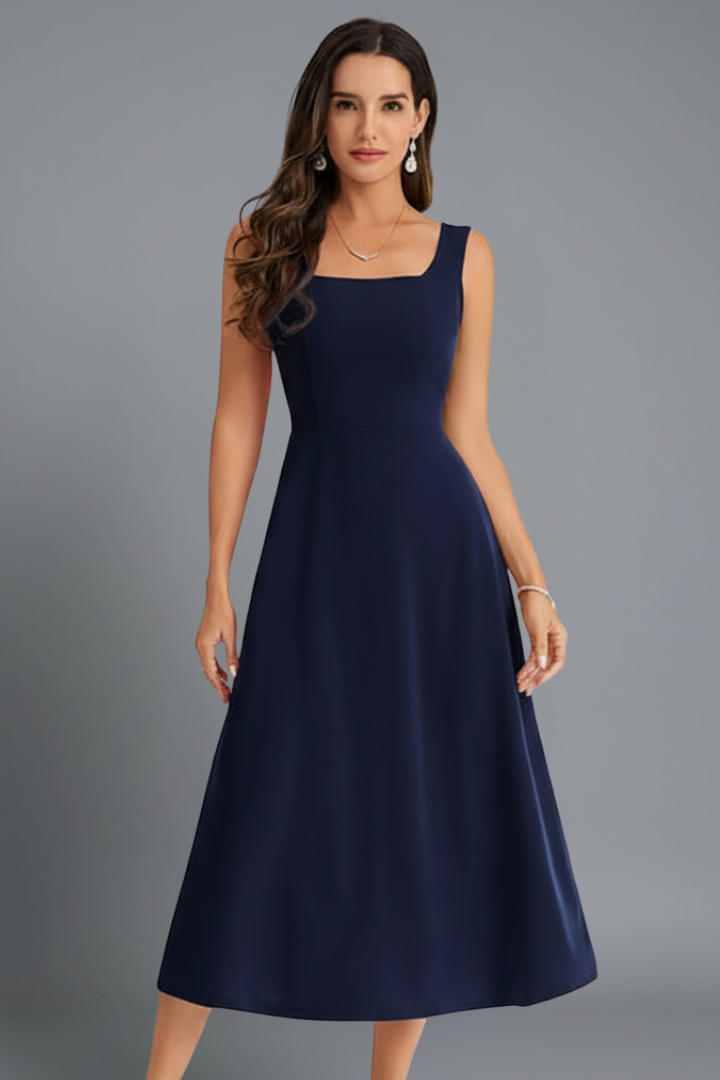 Women’s midi dress with square neckline and shoulder straps