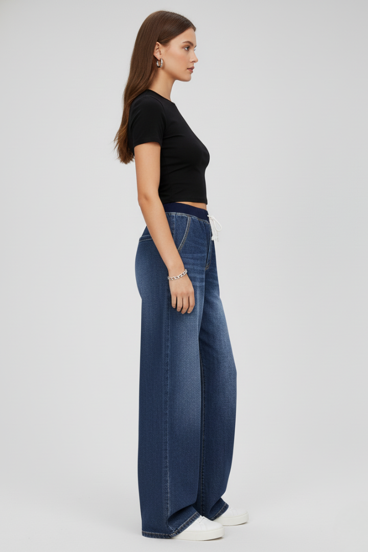Women’s Wide-Leg Trousers with Drawstring Waist and Straight Fit