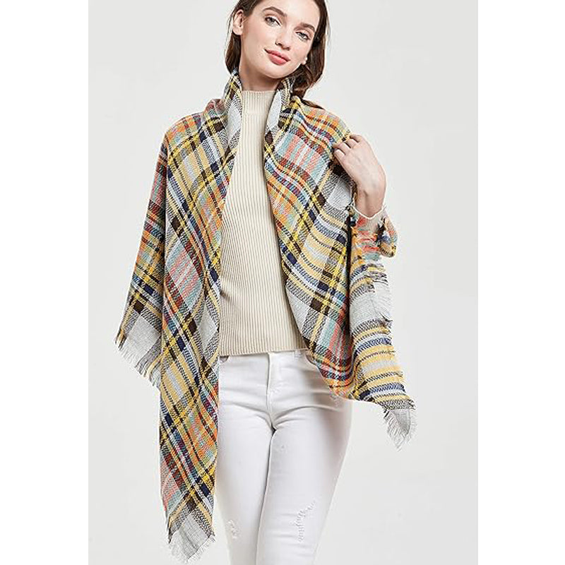Yellow And Blue Tartan Blanket Scarf With Tassels, Oversized