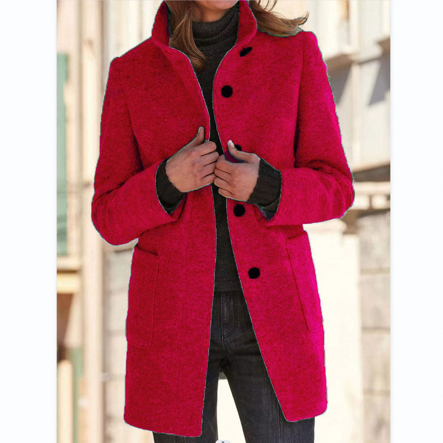 Woman wearing stand collar wool-look coat