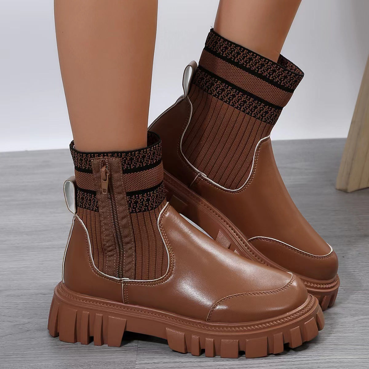 Mid-calf boots with a knit panel, side zip and chunky non-slip sole