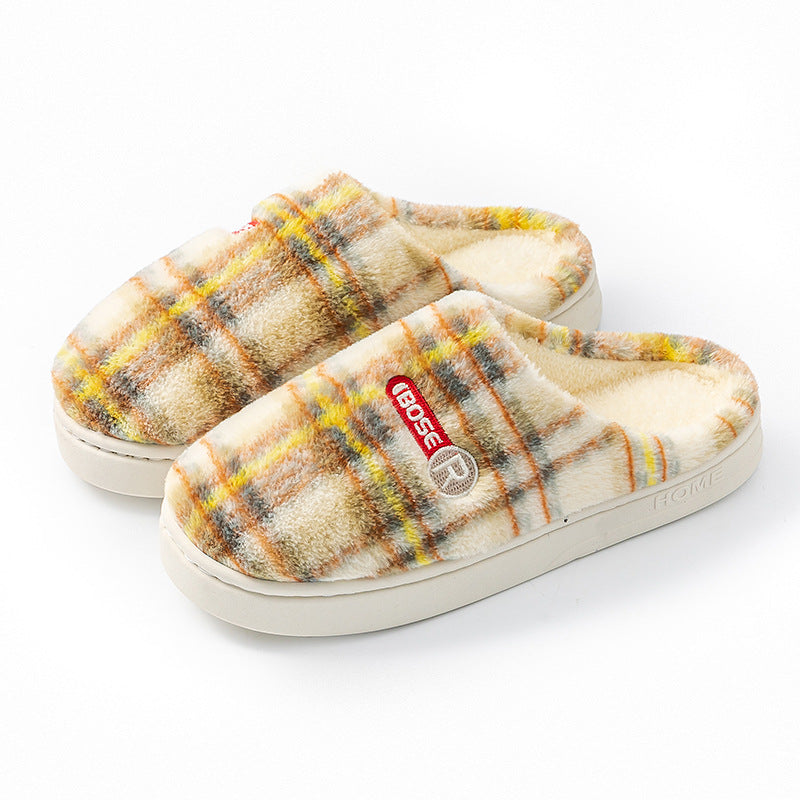 Women's Plaid Plush Slippers, Non-Slip PVC Sole, Cotton Cloth