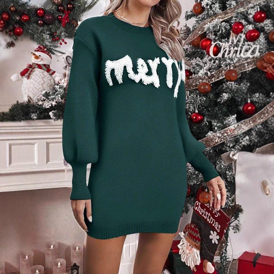 Women's Christmas Knitted Jumper Dress With Lantern Sleeves
