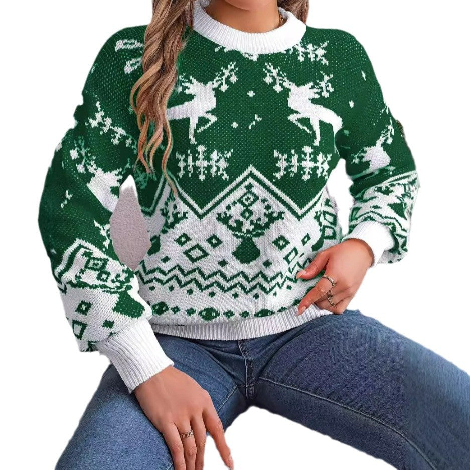 Women's Christmas Deer Hoodie Jumper With Lantern Sleeves