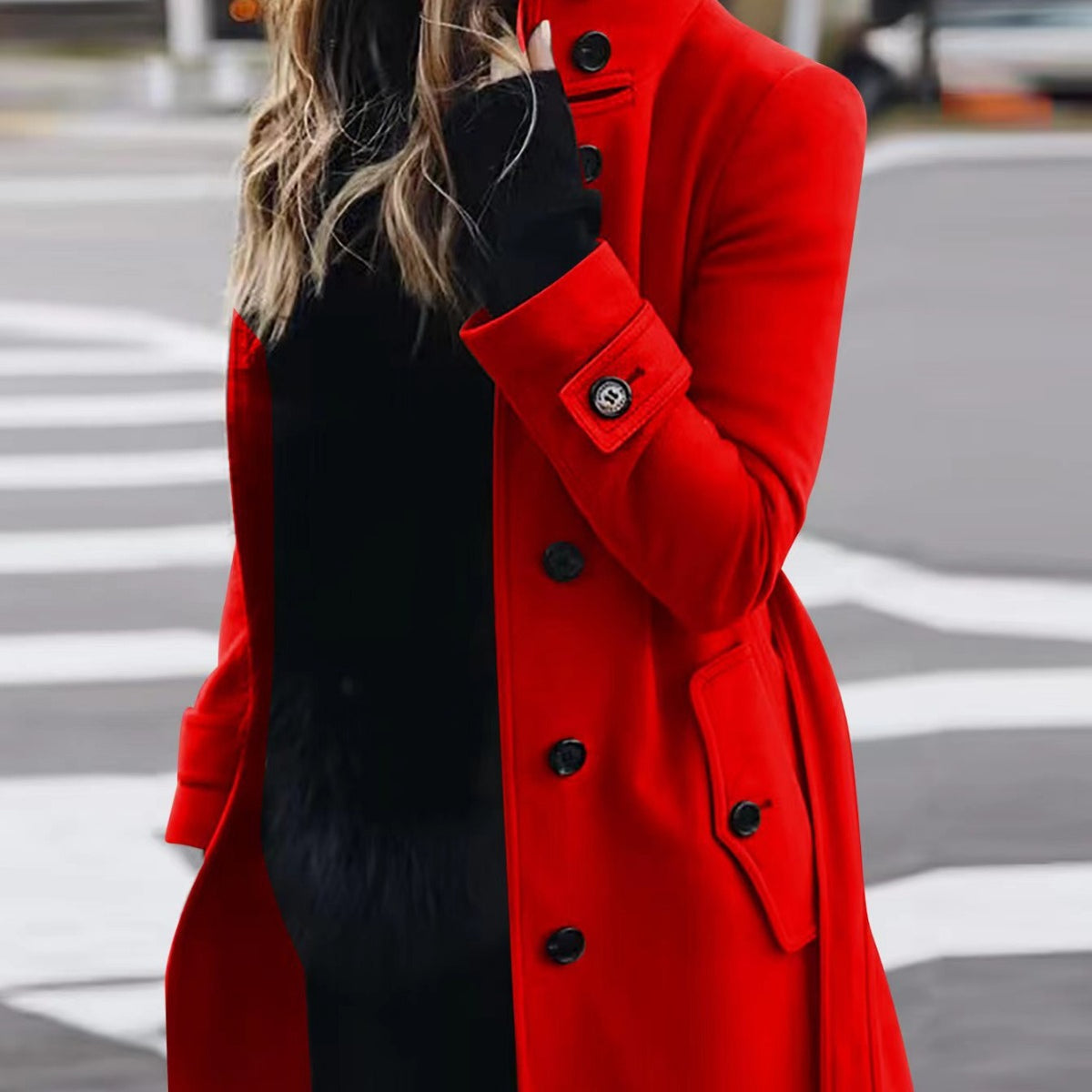 Women's Slim Fit Woollen Coat With Stand Collar, Single-Breasted