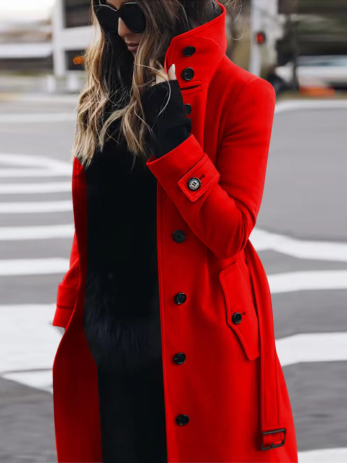 Women's Slim Fit Woollen Coat With Stand Collar, Single-Breasted