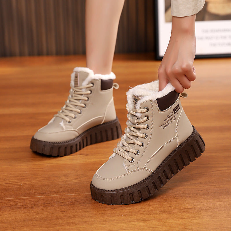 Lace-Up Fleece Snow Boots For Women, Ankle Style With Chunky Sole