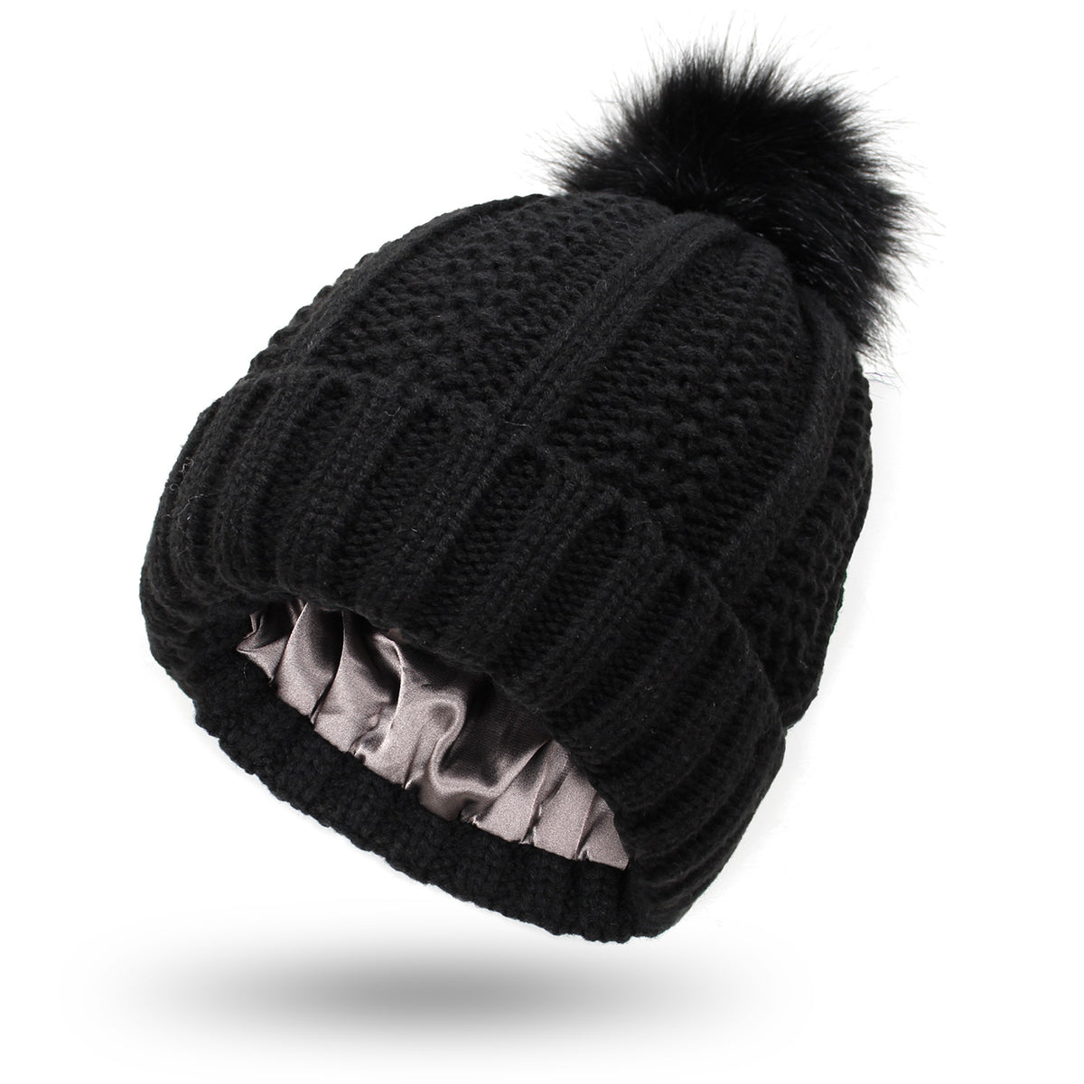 Chunky knit beanie with faux fur pom pom