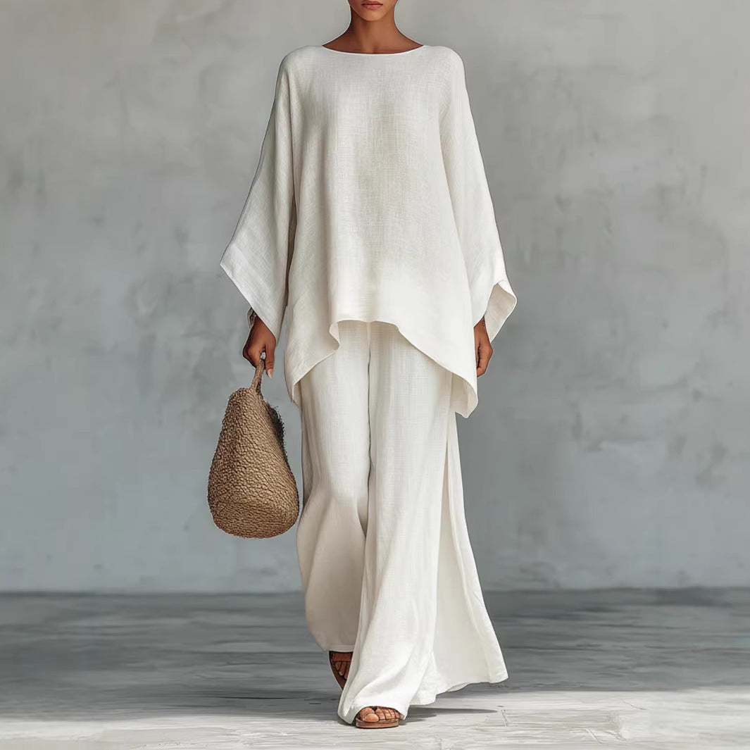 Relaxed two-piece set with long-sleeve top and wide-leg pants