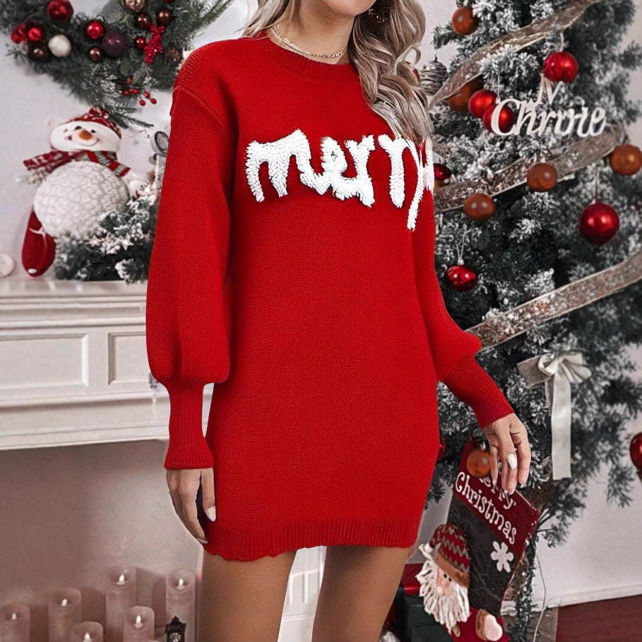Women's Christmas Knitted Jumper Dress With Lantern Sleeves
