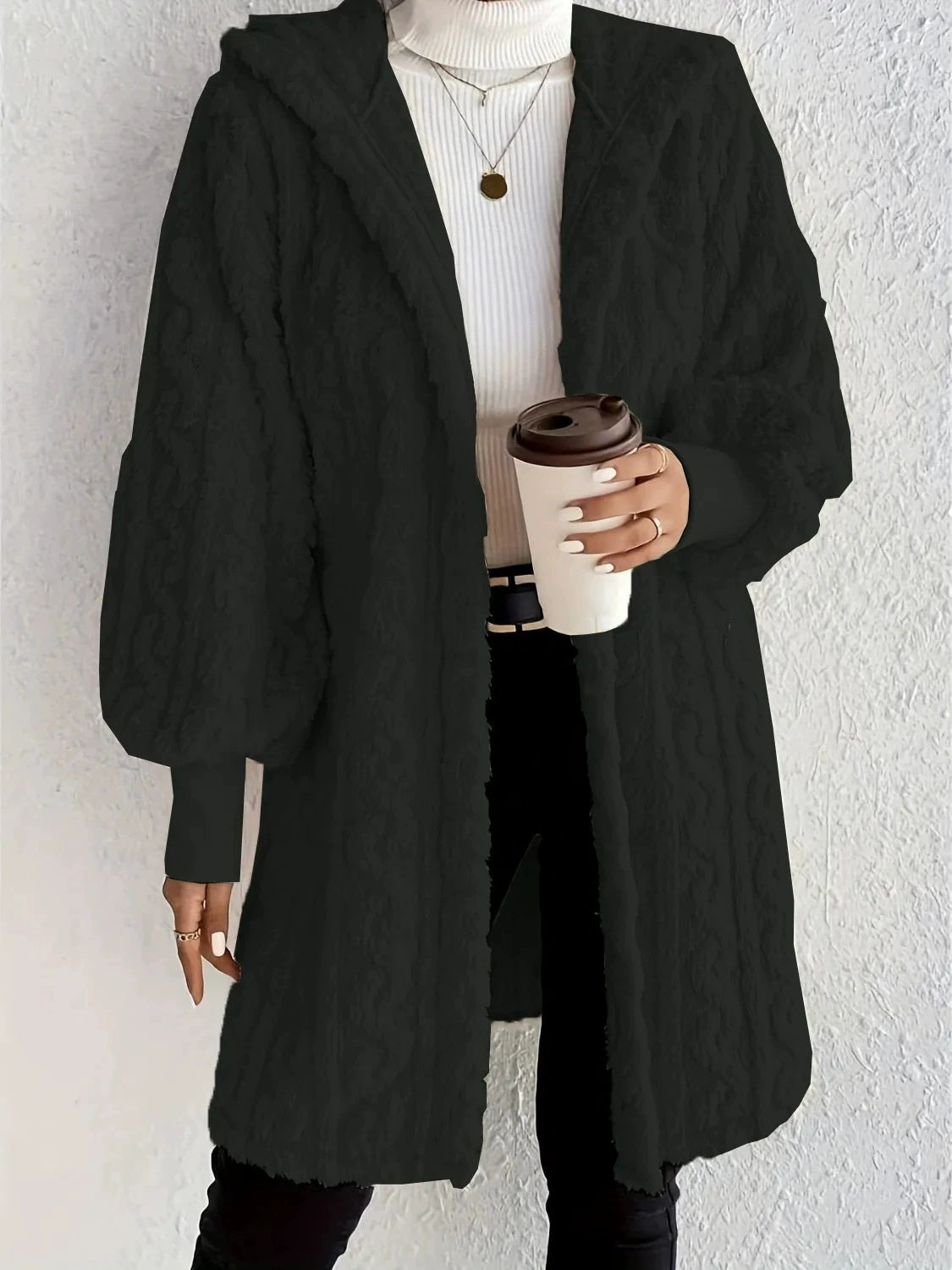 Women's Hooded Double-Sided Plush Long Coat With Cuff Thread