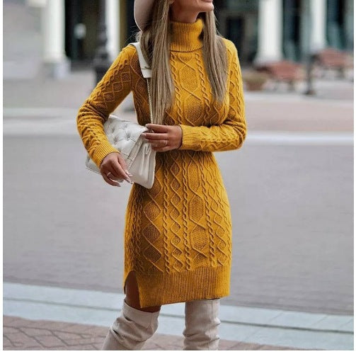 Women's Turtleneck Knitted Dress With Slit, Long Pullover Style