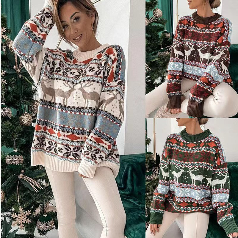 Women's Christmas Jacquard Jumper, Round Neck And Loose Fit