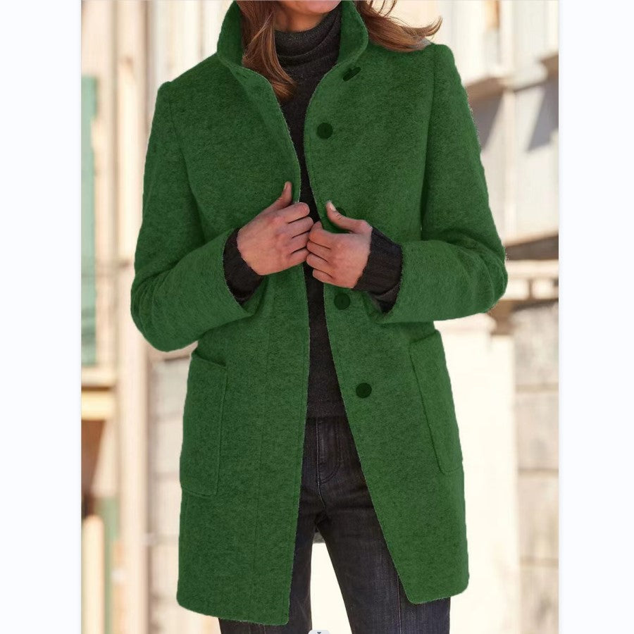 Woman wearing stand collar wool-look coat